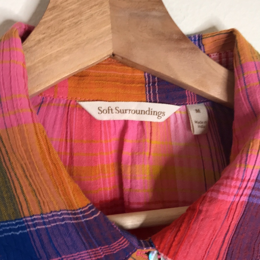 Soft Surroundings plaid gauze top button down textured pink women's size Medium - Picture 4 of 13